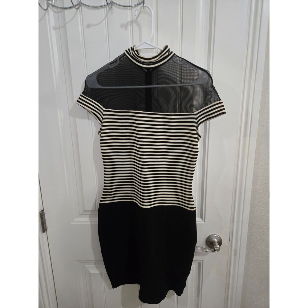 Vintage Tadashi Womens Medium Black White Stripe Mesh Bodycon Cocktail Dress USA